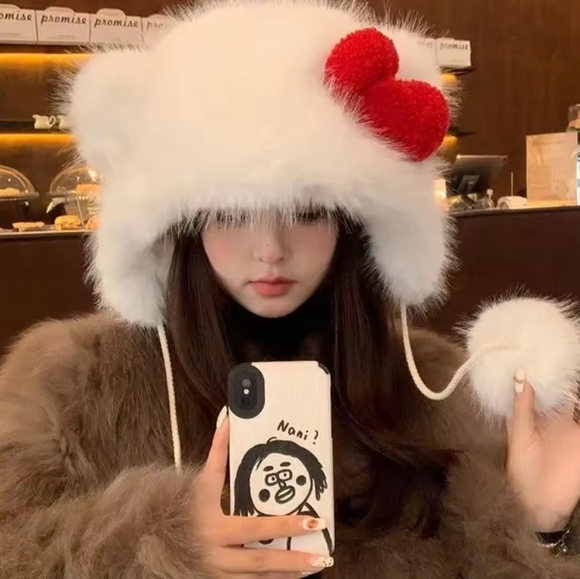 Hello Kitty Inspired Fuzzy Hat with Red Bow & Pom-Poms - Picture 10 of 10